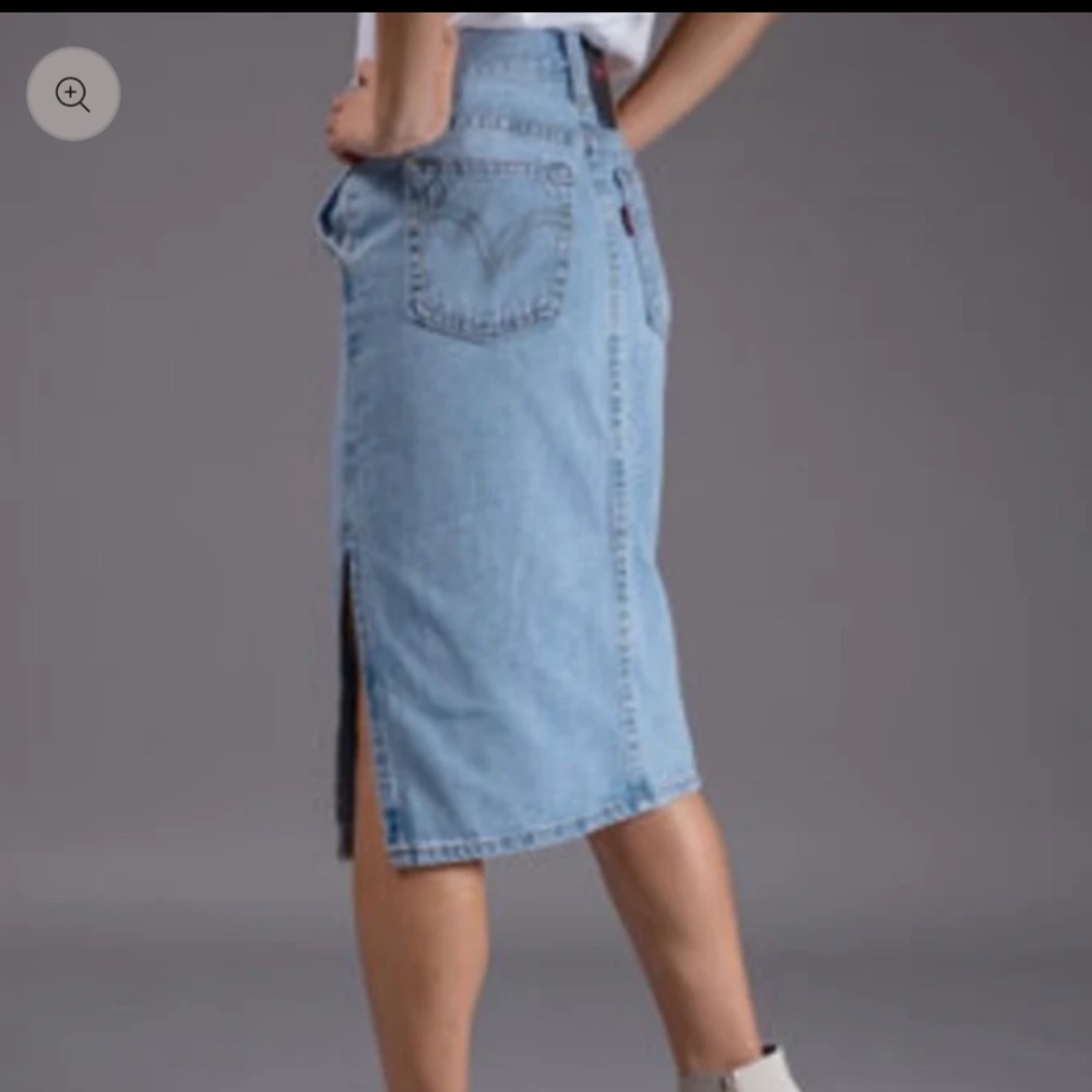 LEVIS Premium Denim Midi Skirt Jean Side Slit Light Wash 5‎ Pocket Below Knee 27